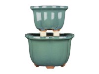 Vasi per bonsai rotondi (forma a fior di loto) in gres smaltati verde (Set da n.2 pezzi) - YM1