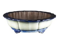 Vaso per bonsai rotondo (forma a fior di loto) in gres smaltato bianco-azzurro 30x30x8,5 cm - TY126b