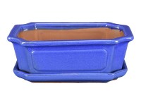 Vaso + sottovaso per bonsai rettangolare in gres smaltato blu 27x20x8 cm - GA9VS