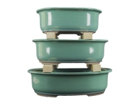 Pots à bonsaï japonais ovales Morrisan en grès émaillé vert (Lot de 3 pièces) - B21-28